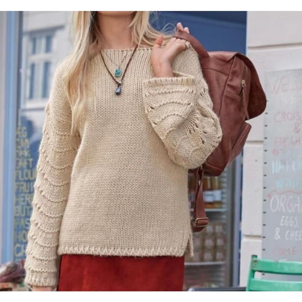 Sundance Sweater Womens Large Alpaca Wool Pointelle Bell Sleeve Oatmeal Italy